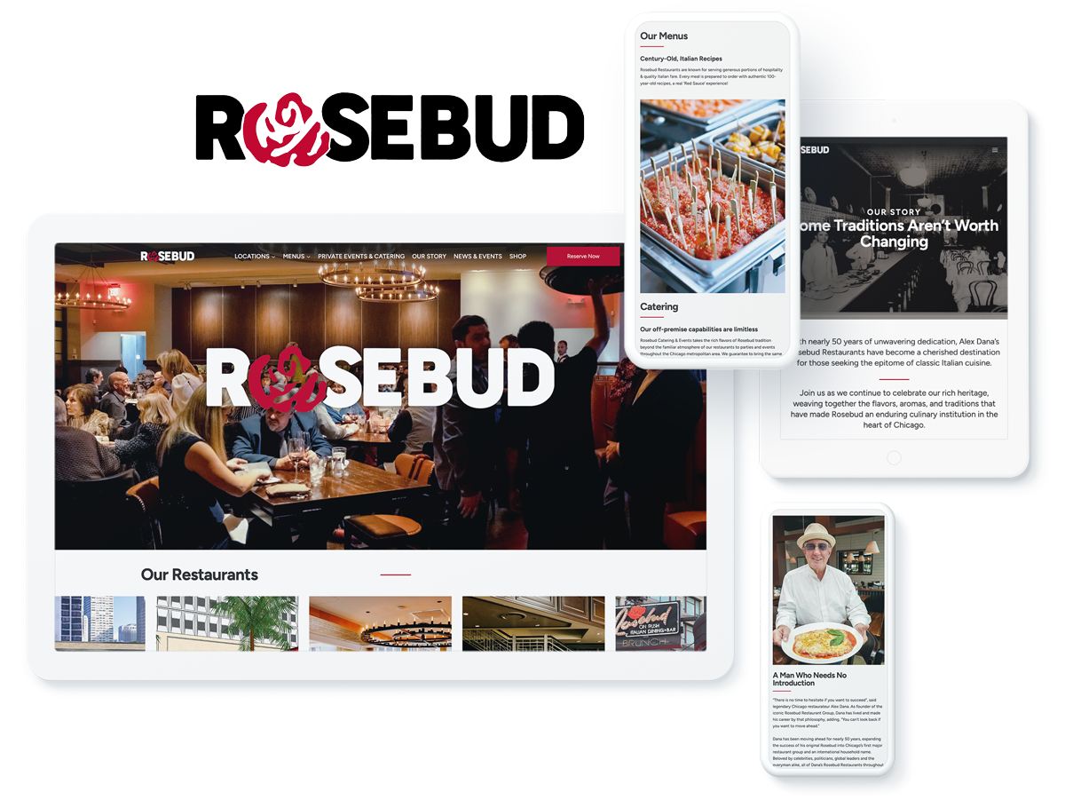 A collage of Rosebud Restaurants' digital presence showing website interface on desktop and mobile devices with logo and dining images.
