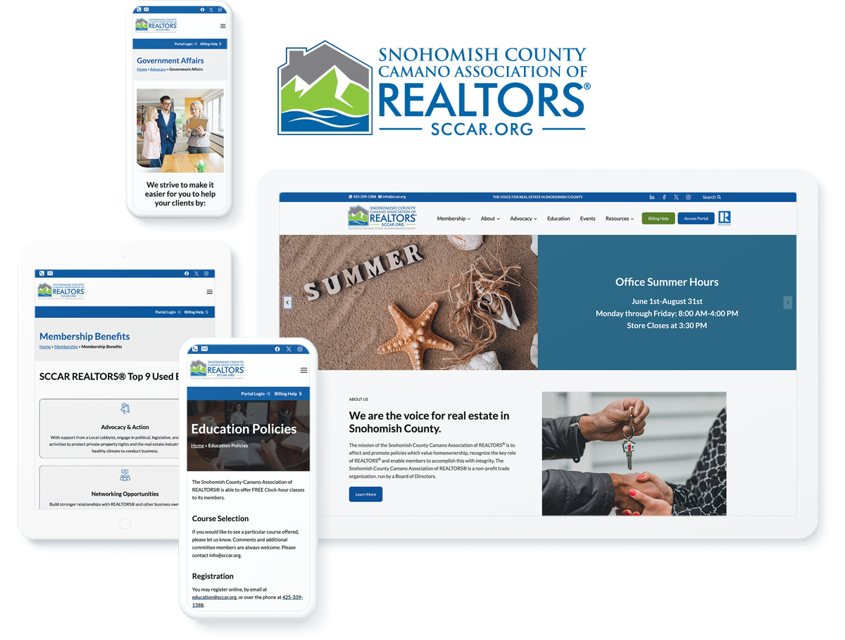 Snohomish County Camano Association of Realtors website on digital devices, indicating success with WordPress agency partner