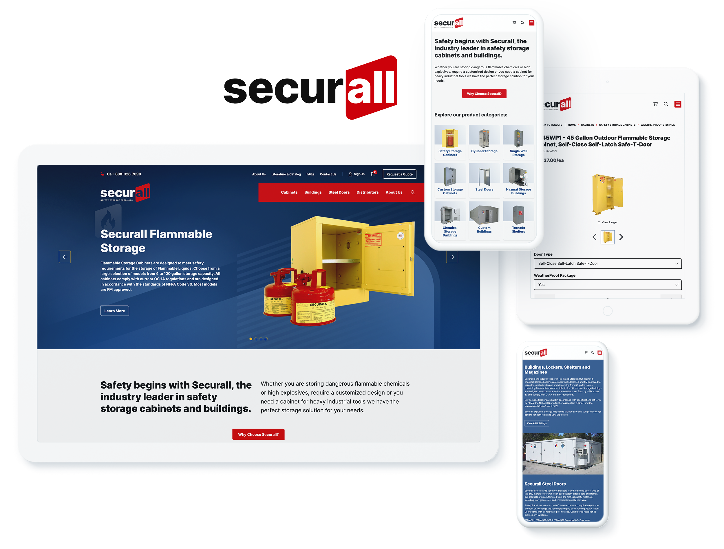 Securall safety storage products displayed on various devices highlighting flammable storage solutions.