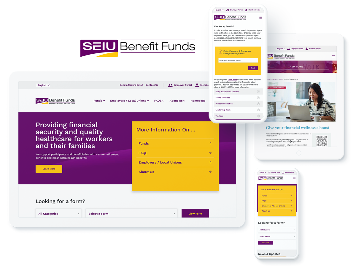 SEIU member benefits website on devices, highlighting successful website design and development services for insurance