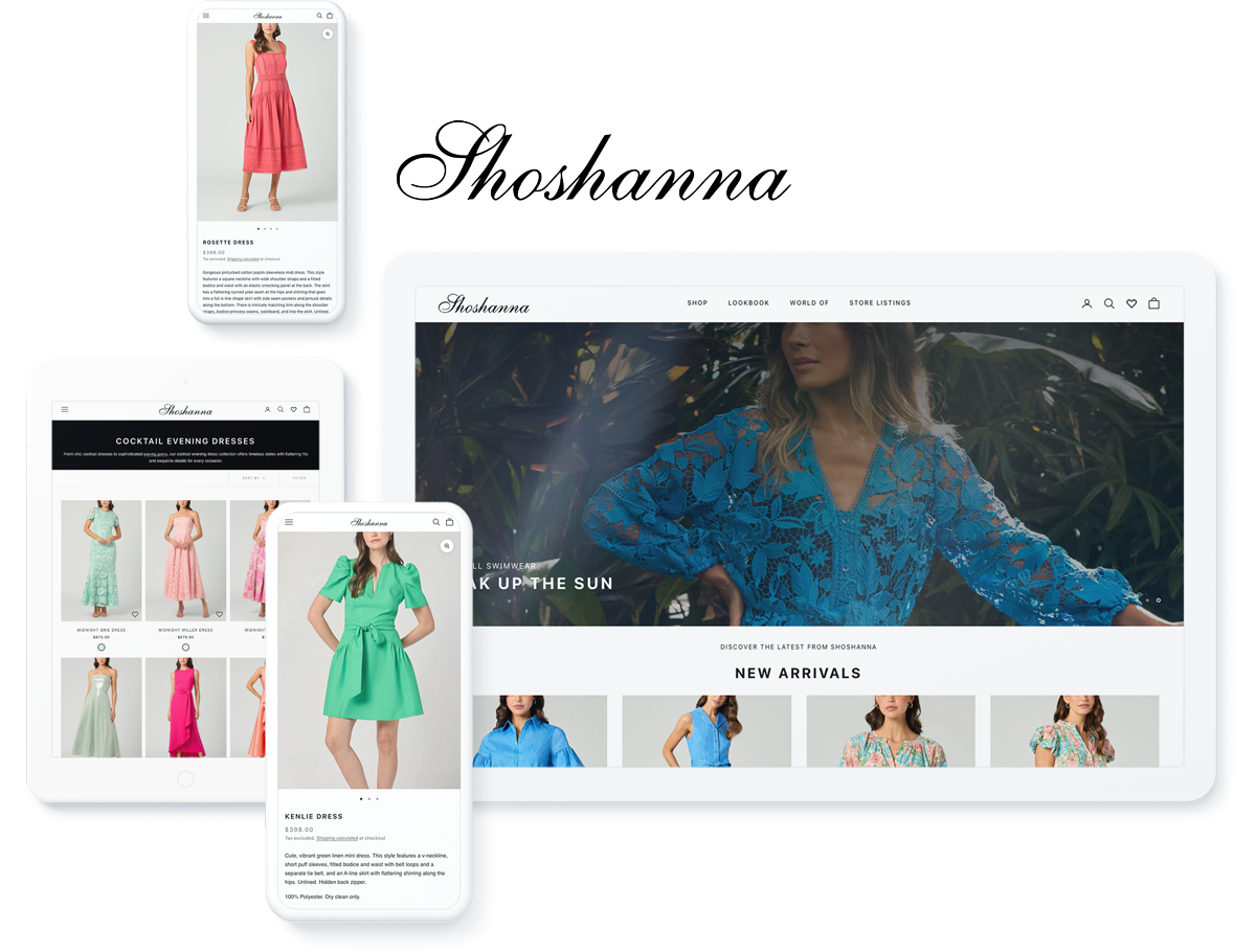 Shoshanna fashion website on device screens, showcasing successful ecommerce website design and development agency services