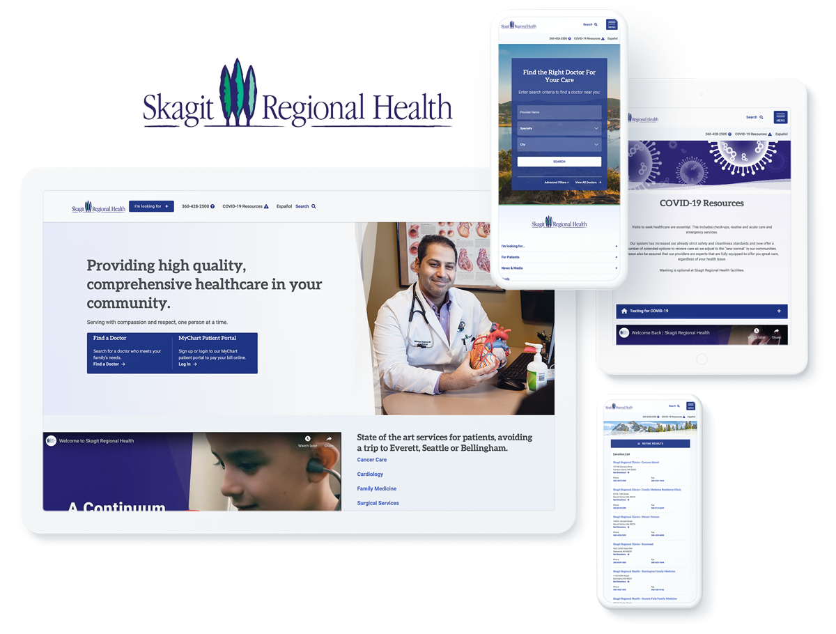 Displays of Skagit Regional Health's website on various devices, highlighting healthcare services and resources.