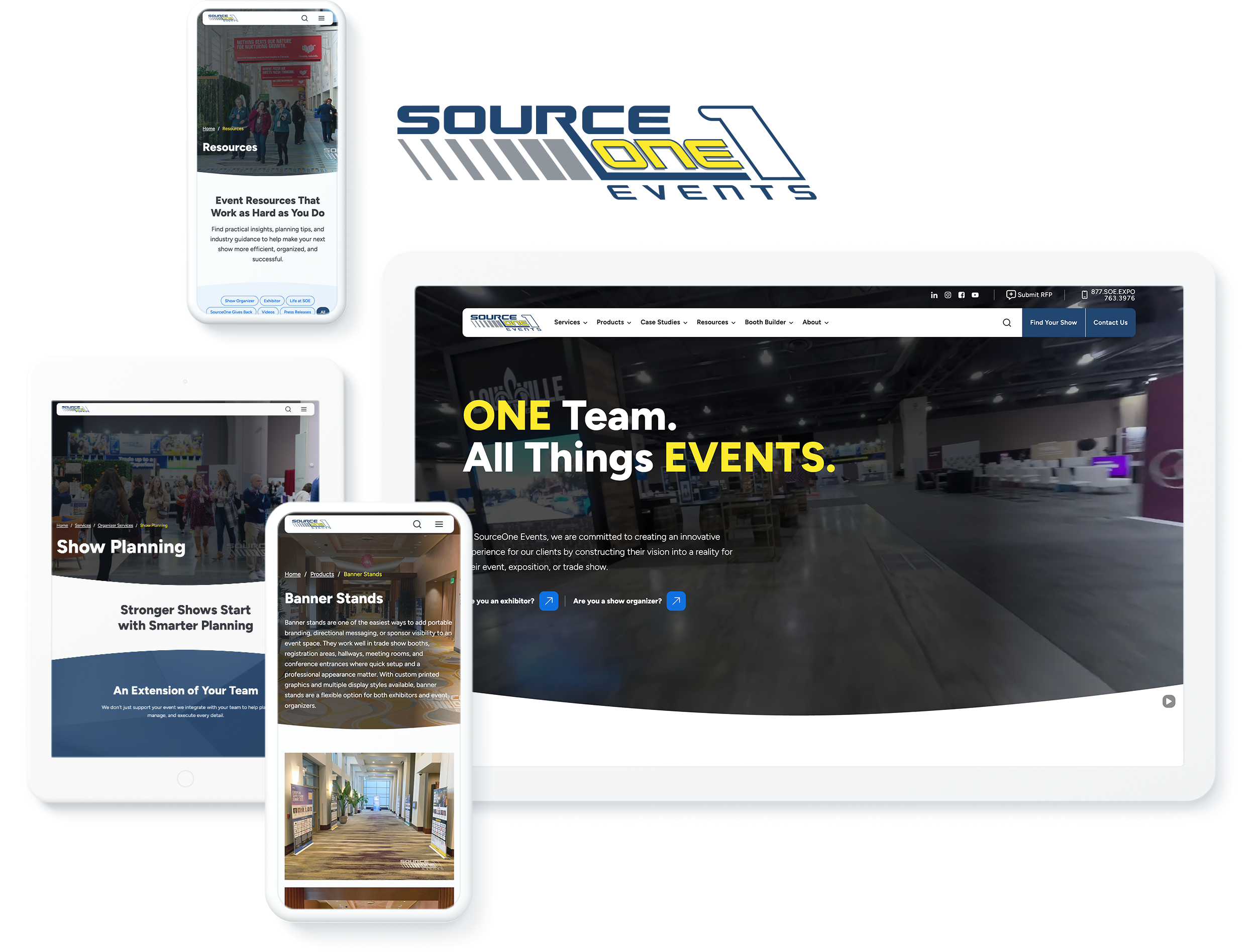 SourceOne Events website across devices, showcasing web design and development success for trade show and event services