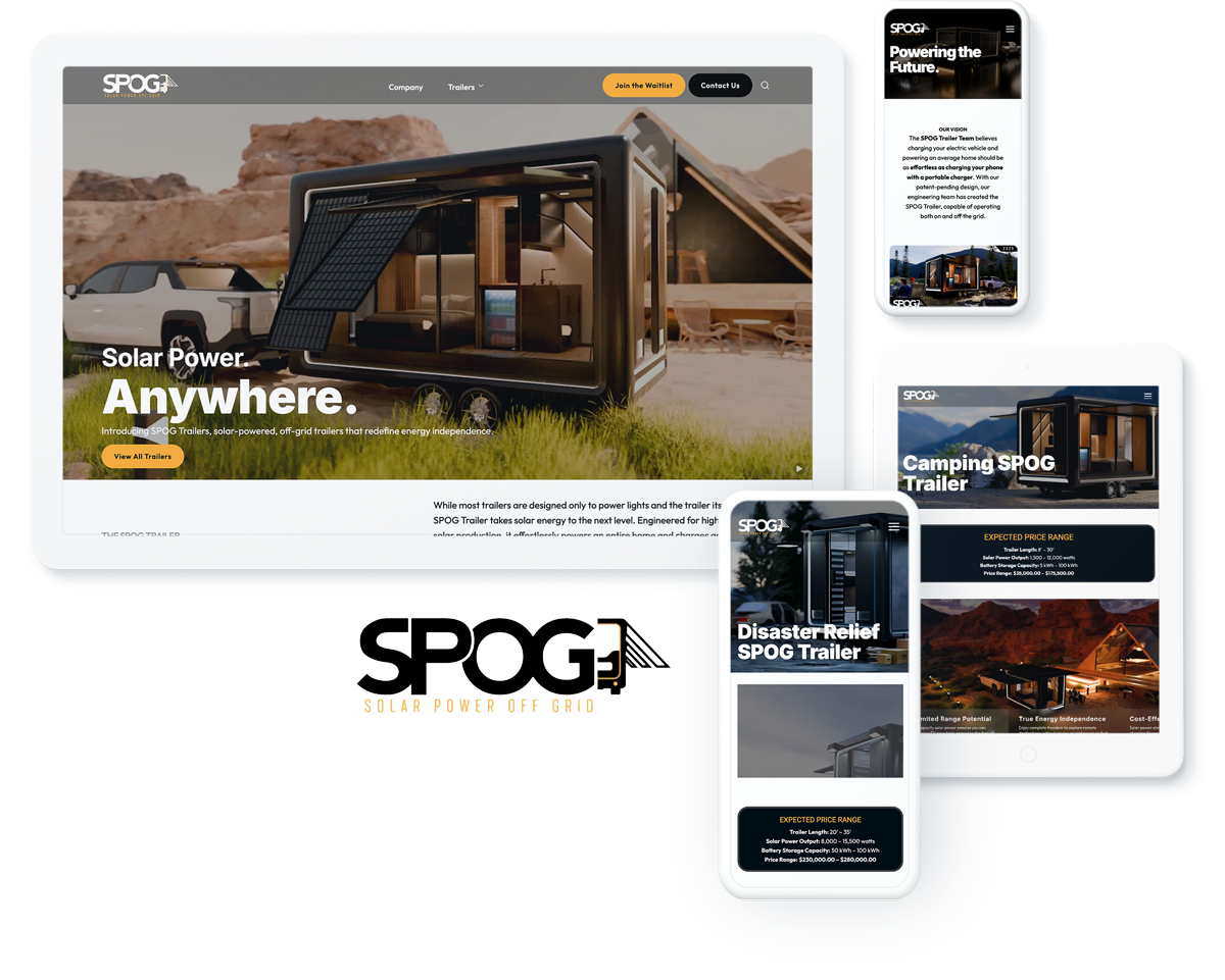 SPOG Trailers product website on device screens, highlighting success with web design and development for manufacturers
