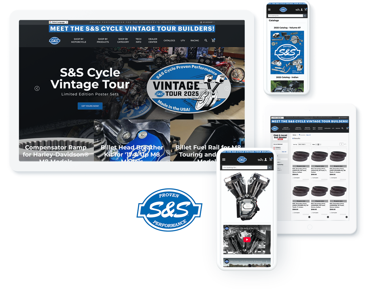 S&S Cycle manufacturing website on screens, signifying successful BigCommerce website design and development agency services