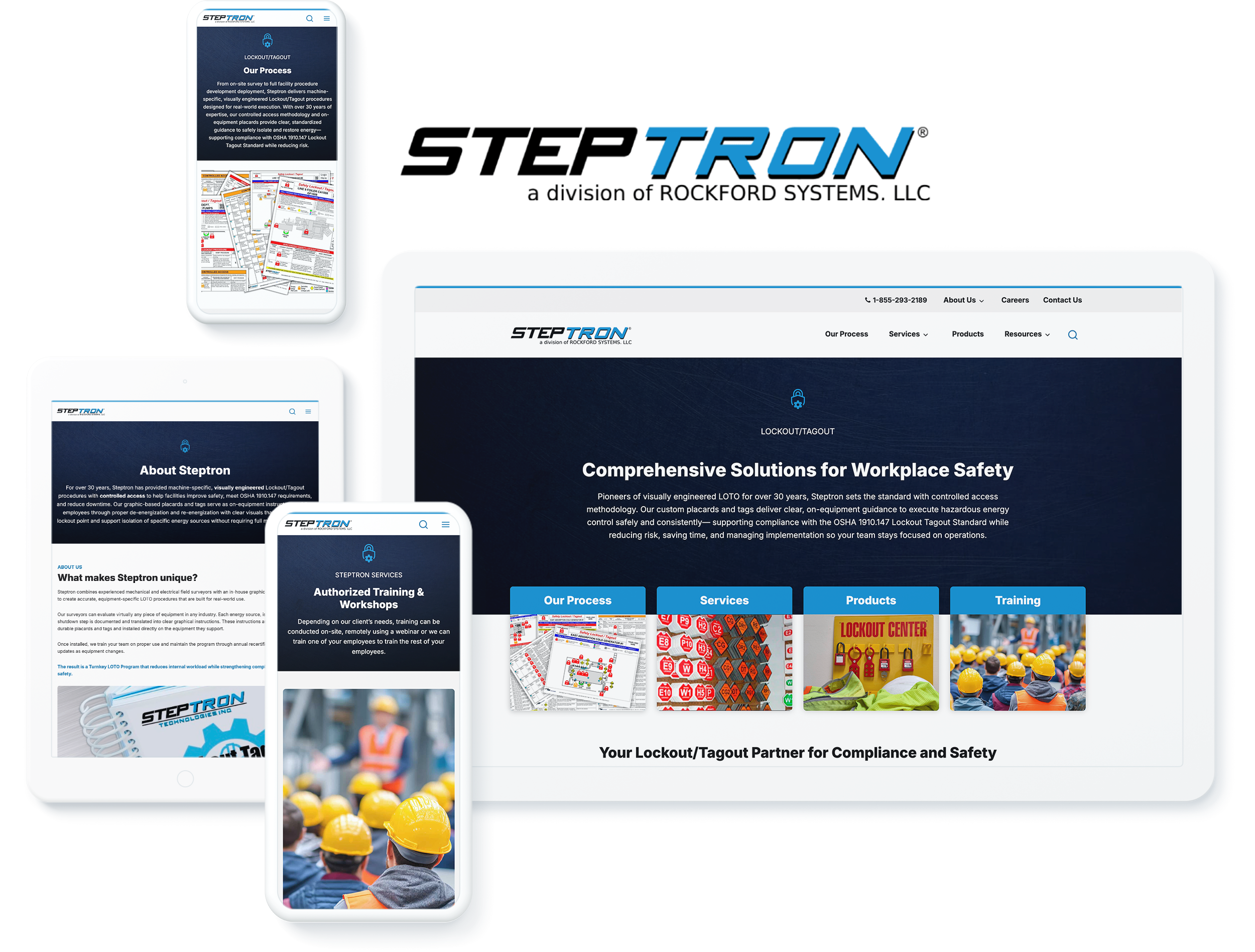 Steptron website across devices, displaying successful web design and development for workplace safety solutions provider