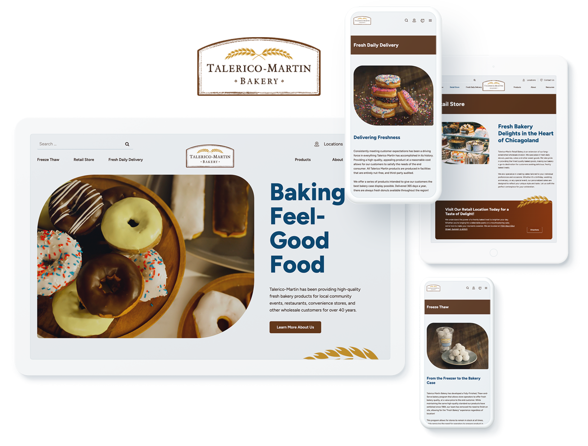 Multiple devices displaying Talerico-Martin Bakery website with images of donuts and bakery information.