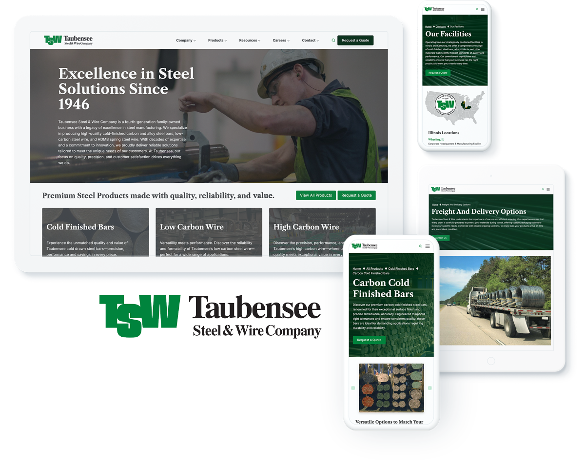 Taubensee Steel & Wire Company website on devices, signifying manufacturing success with web design and development company
