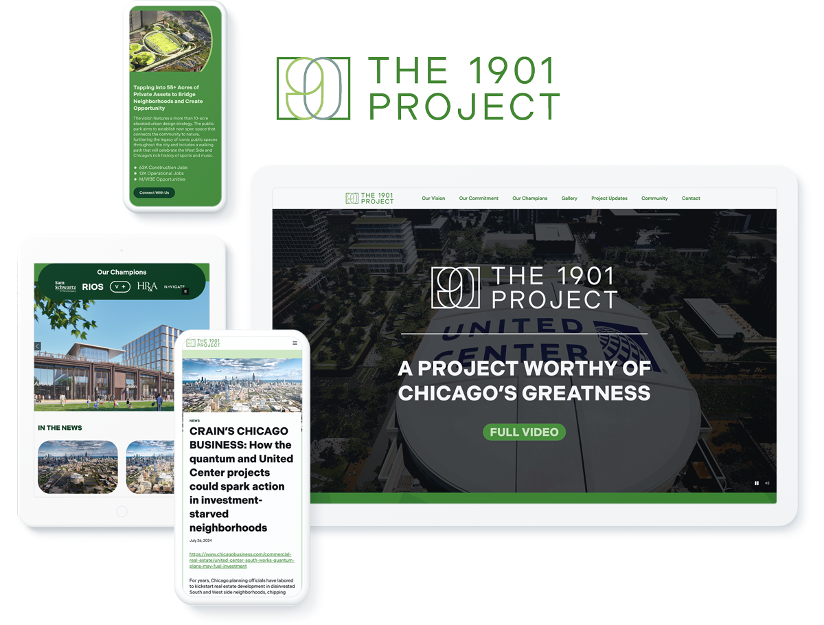 The 1901 Project website on devices, representing success with entertainment website design and development for the United Center