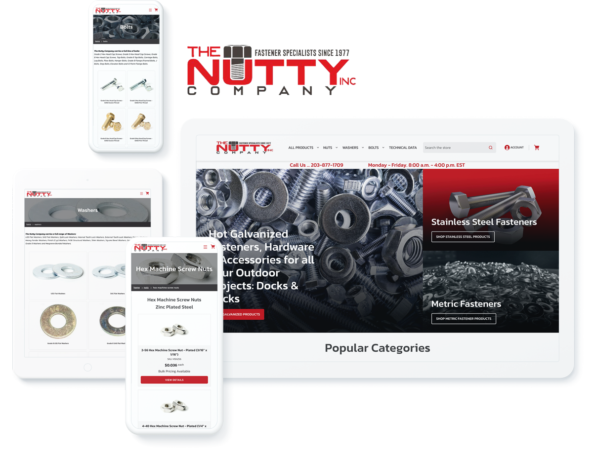 The Nutty Company website on device screens, showcasing success with web design and development agency services for ecommerce