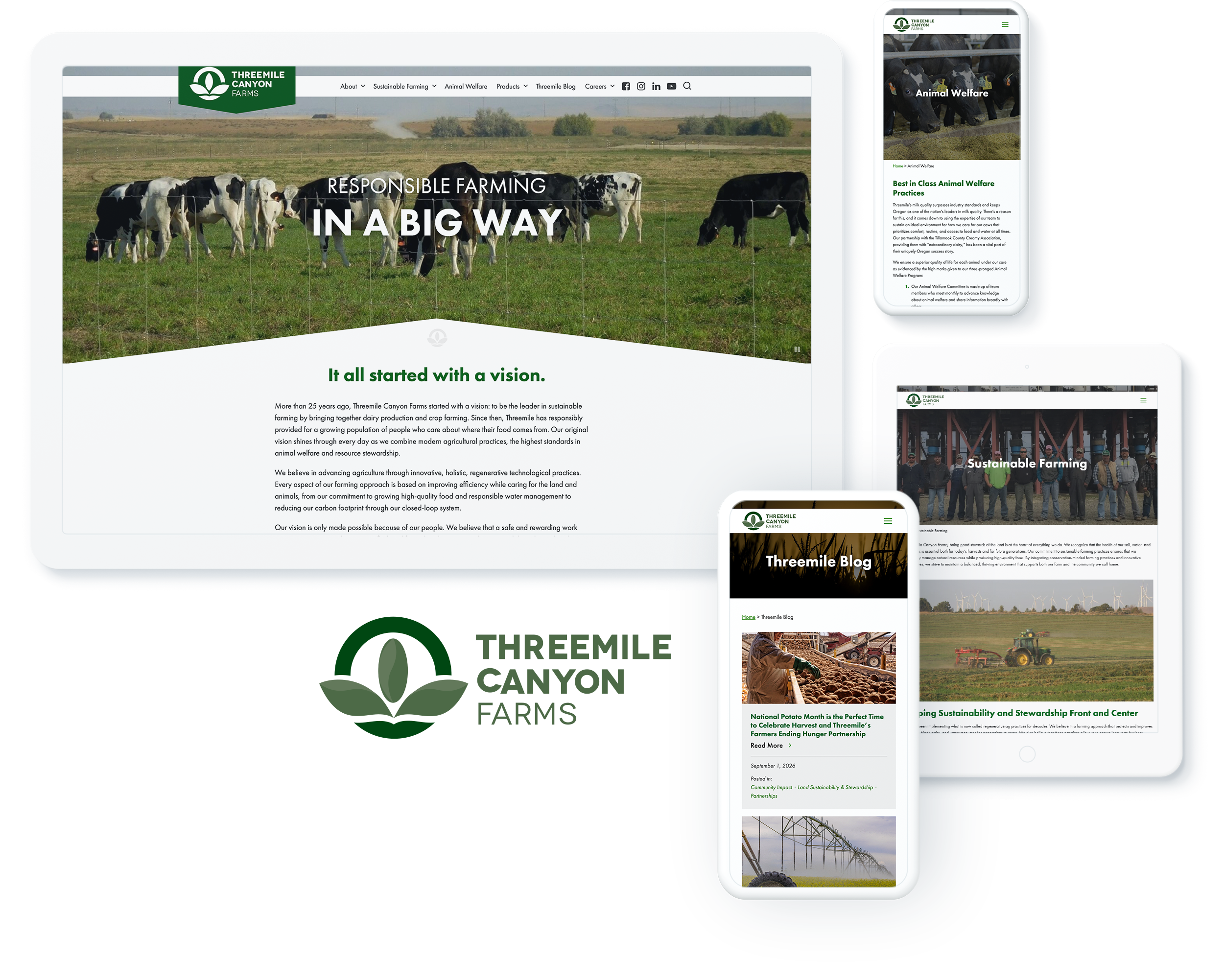 Three Mile Canyon Farms website across devices, showcasing web design and development success for sustainable agriculture