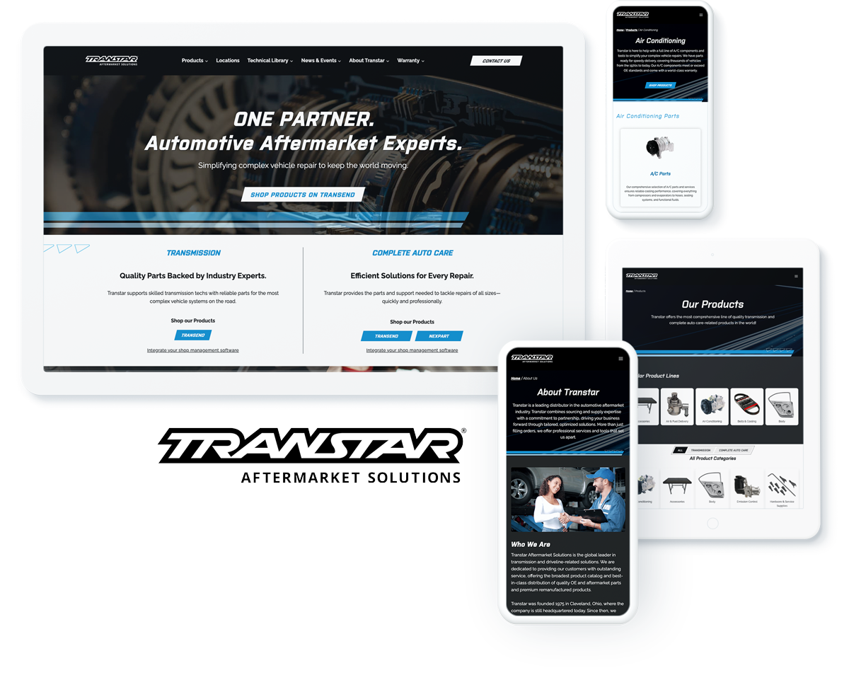 Transtar Aftermarket Solutions website on device screens, displaying successful manufacturing website development services