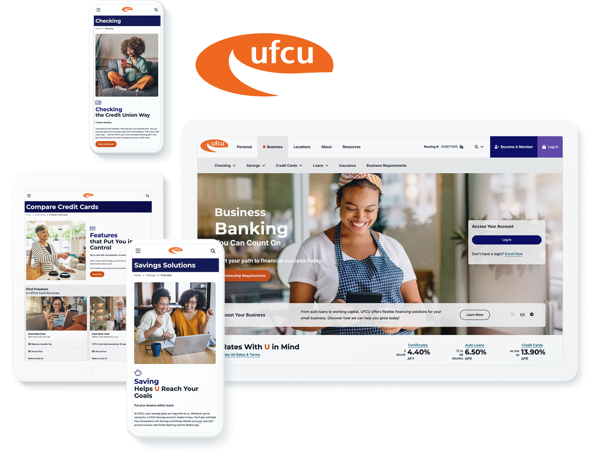 UFCU financial website on devices, highlighting success with web design and development agency services for credit unions
