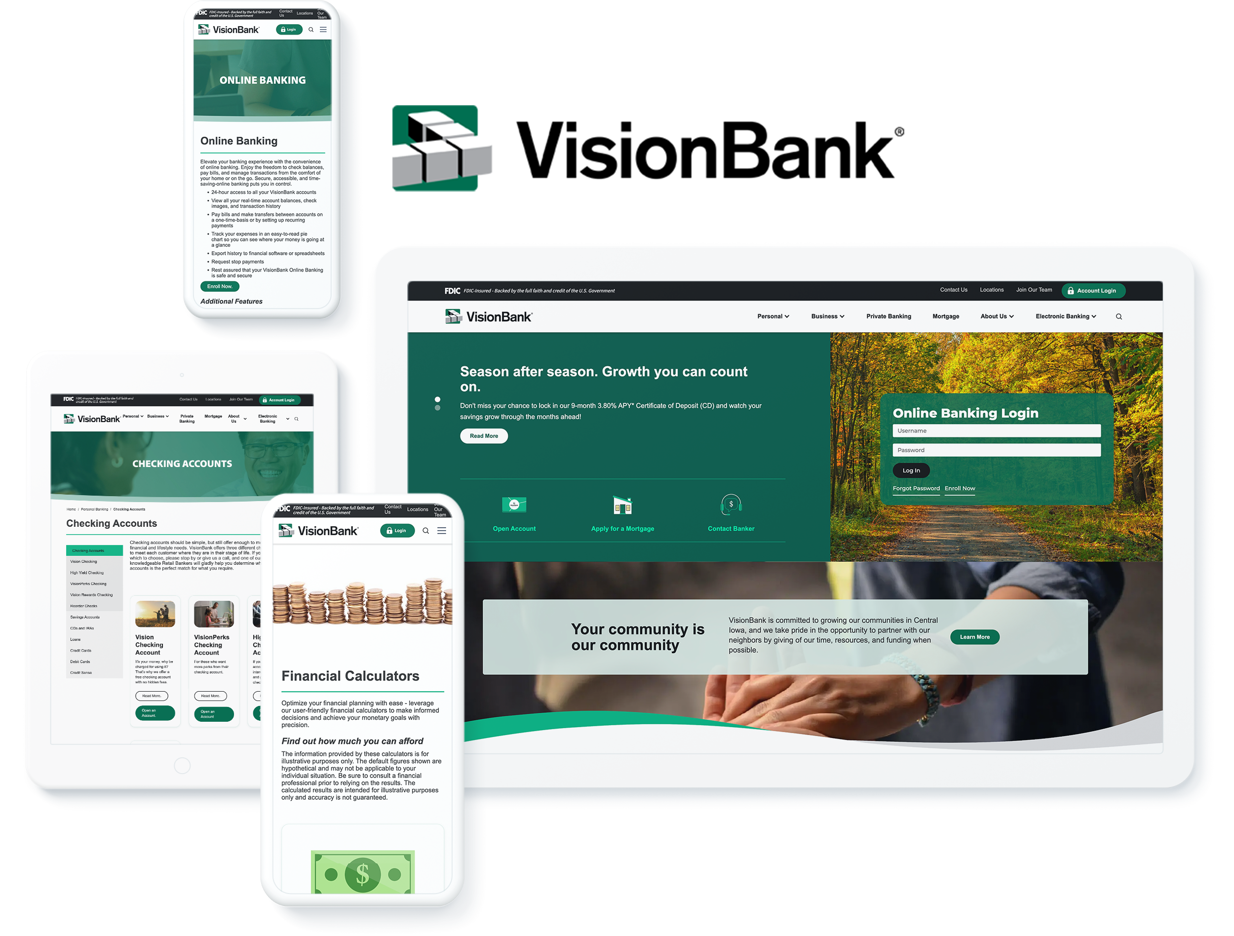 Vision Bank website across devices, featuring successful web development solutions for online banking and financial services