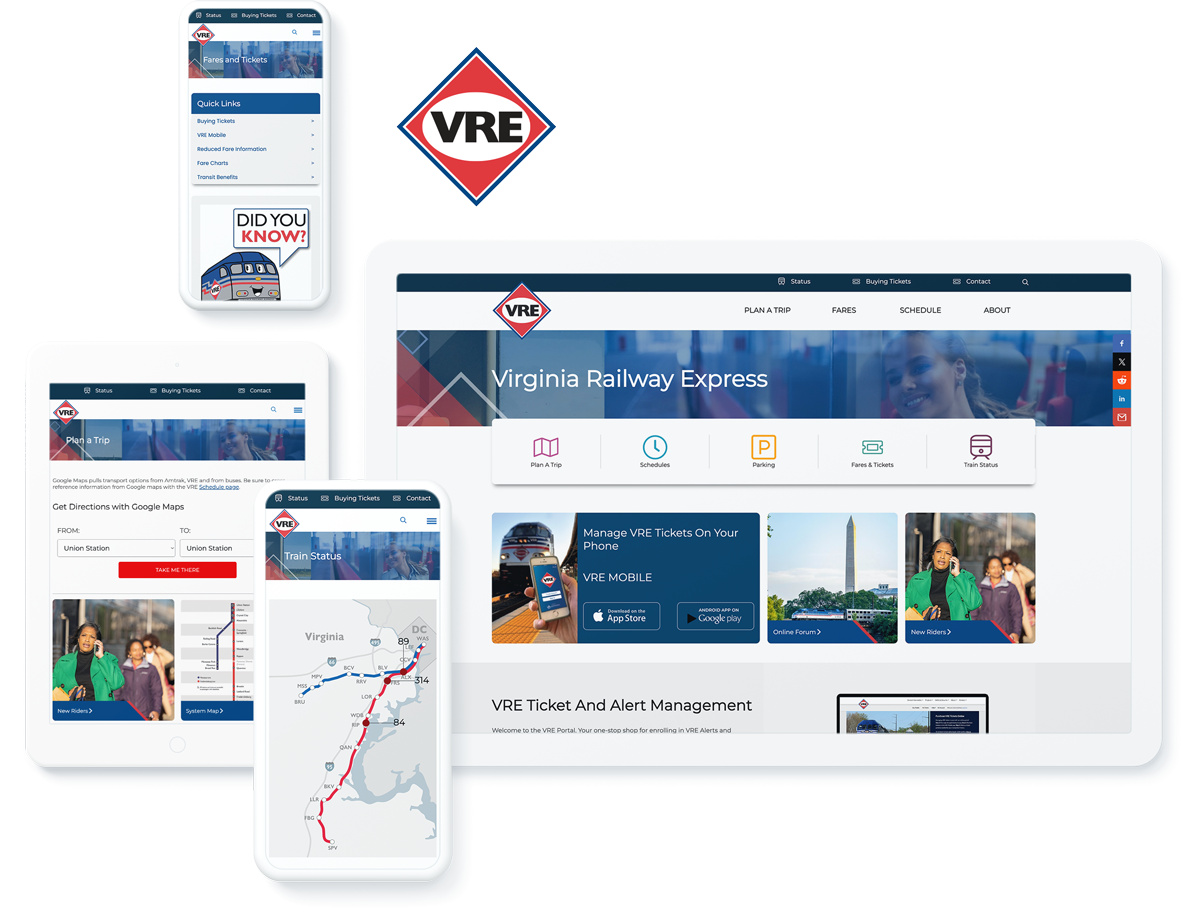 Virginia Railway Express website on devices, highlighting success with transportation website design agency services