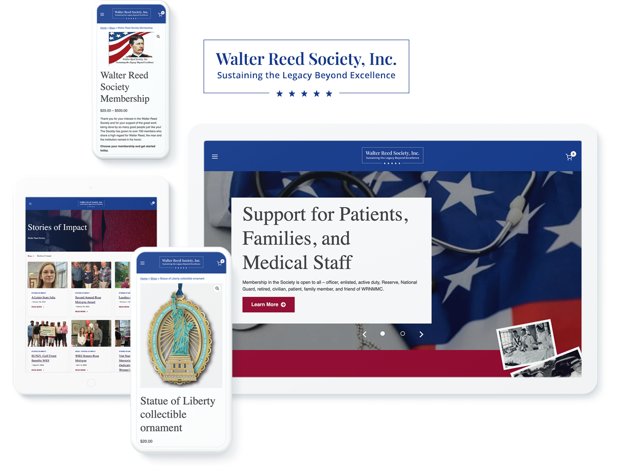 Walter Reed Society website on device screens, signifying success with web development agency services for associations