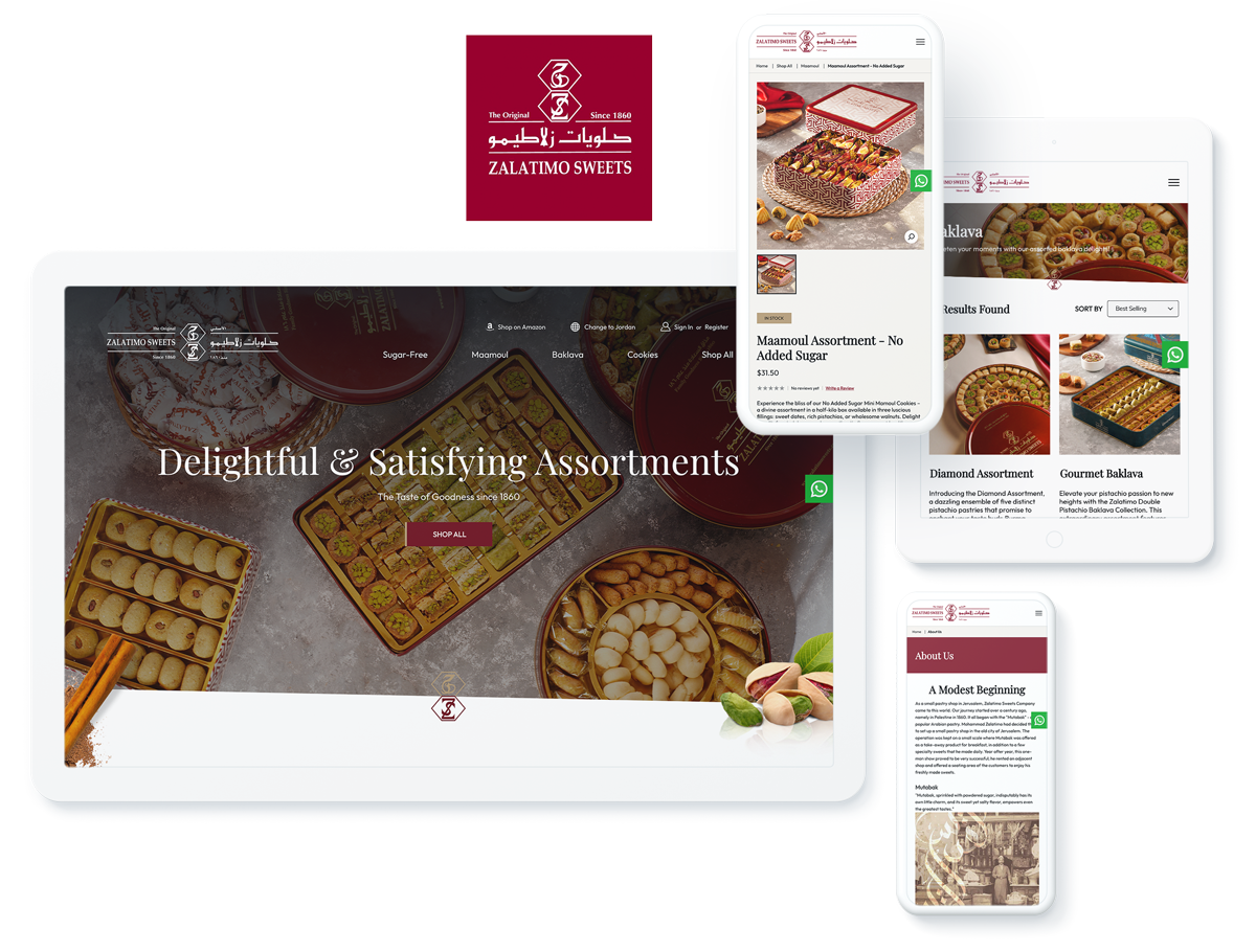 Multiple devices displaying the Zalatimo Sweets website with an assortment of traditional pastries, emphasizing online shopping for sweets.