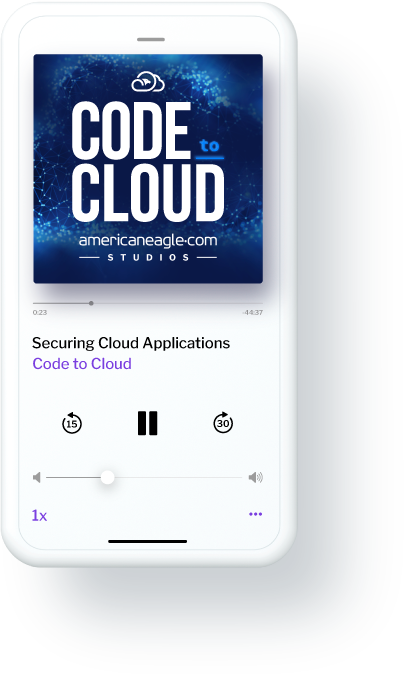 Mockup of a smartphone displaying a podcast player of Code to Cloud podcast episode on securing cloud applications with AEMCS