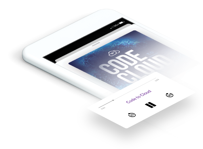 Mockup of a smartphone displaying AEMCS Code to Cloud podcast episode on an audio player interface overlay